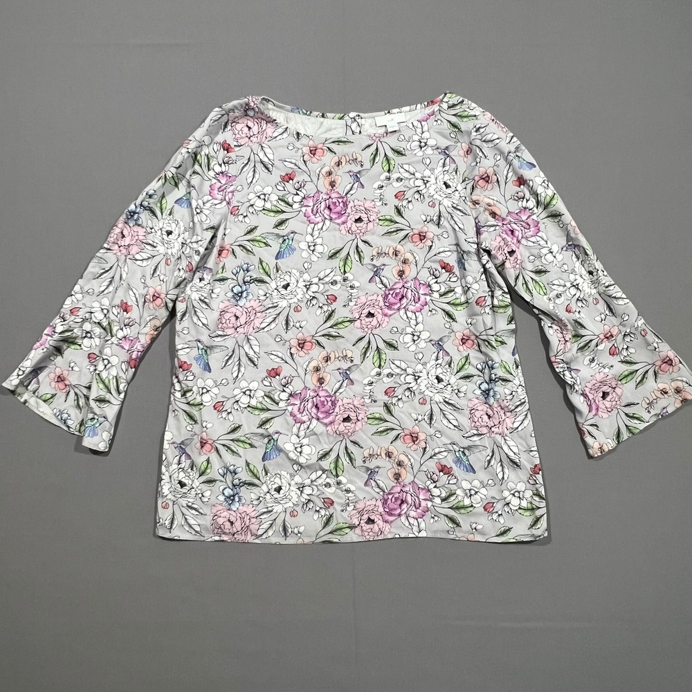 J. Jill Satin Top Blouse Floral Hummingbird Print Bell Sleeve Gray Womens Size S